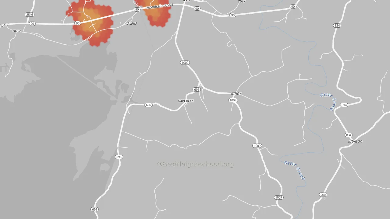 Walk Grade map of Windy, KY, walkable areas in green and car-dependent areas in red