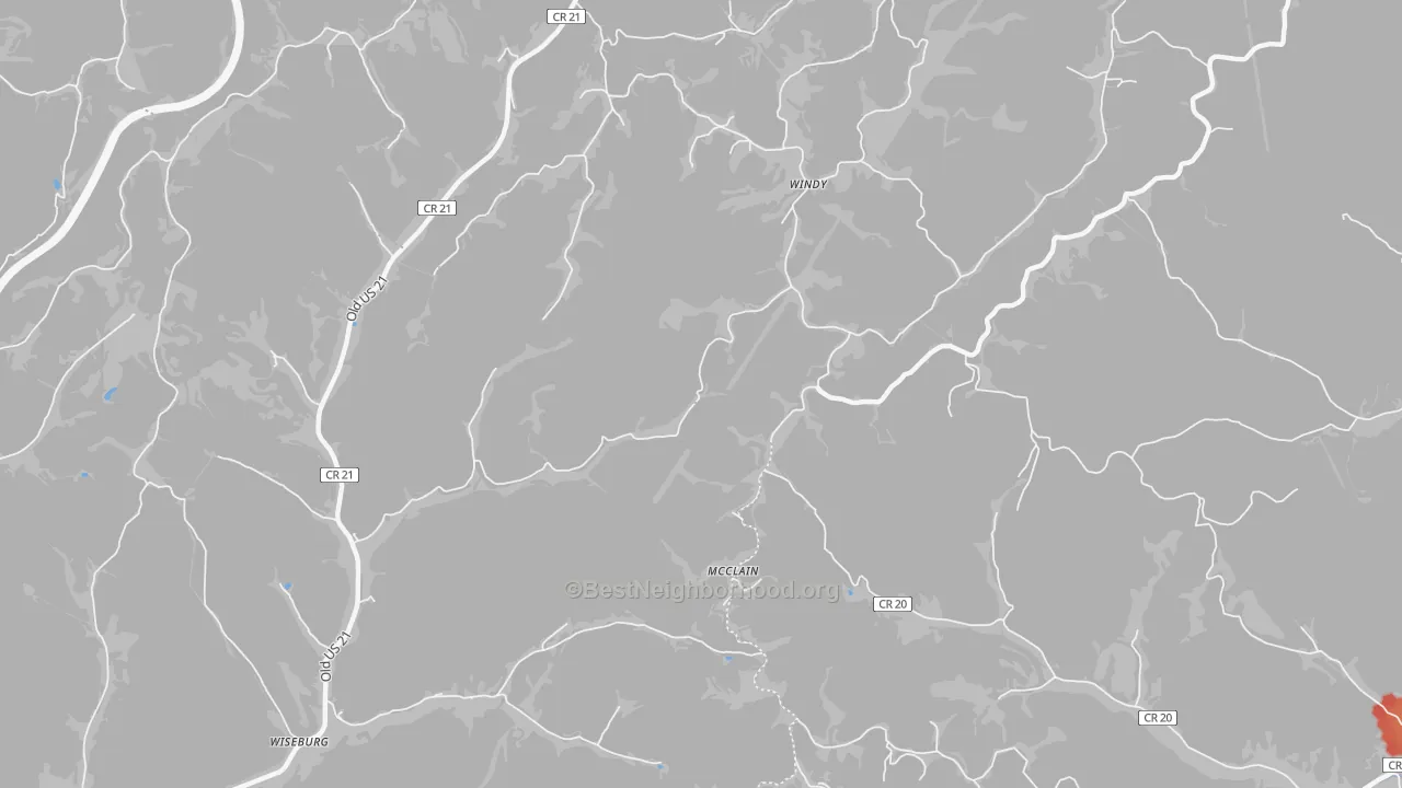 Walk Grade map of Windy, WV, walkable areas in green and car-dependent areas in red