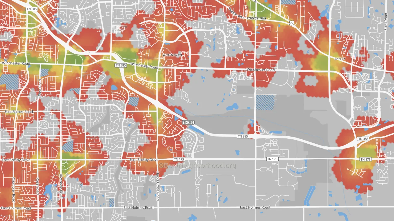 Walk Grade map of Windyke-Southwind, Memphis, TN, walkable areas in green and car-dependent areas in red