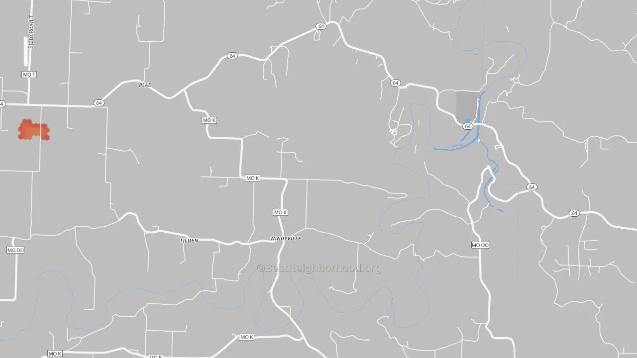 Walk Grade map of Windyville, MO, walkable areas in green and car-dependent areas in red