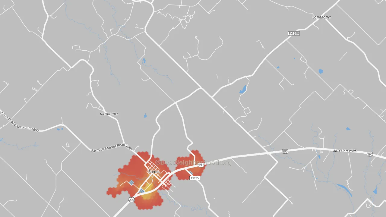 Walk Grade map of Winedale, TX, walkable areas in green and car-dependent areas in red