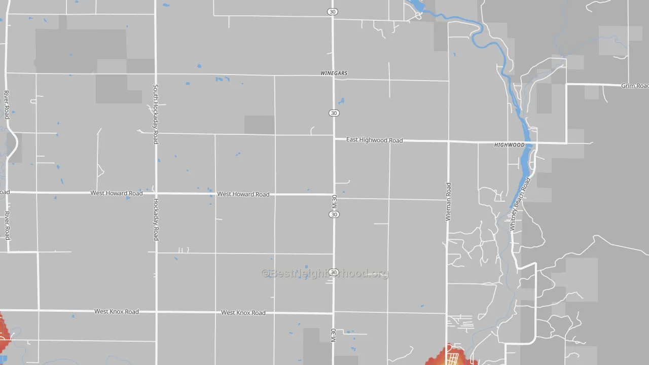 Walk Grade map of Winegars, MI, walkable areas in green and car-dependent areas in red
