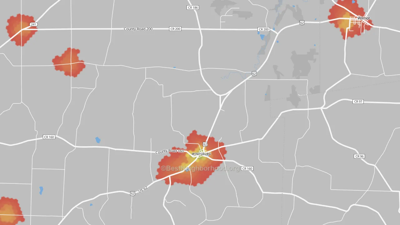 Walk Grade map of Winesburg, OH, walkable areas in green and car-dependent areas in red