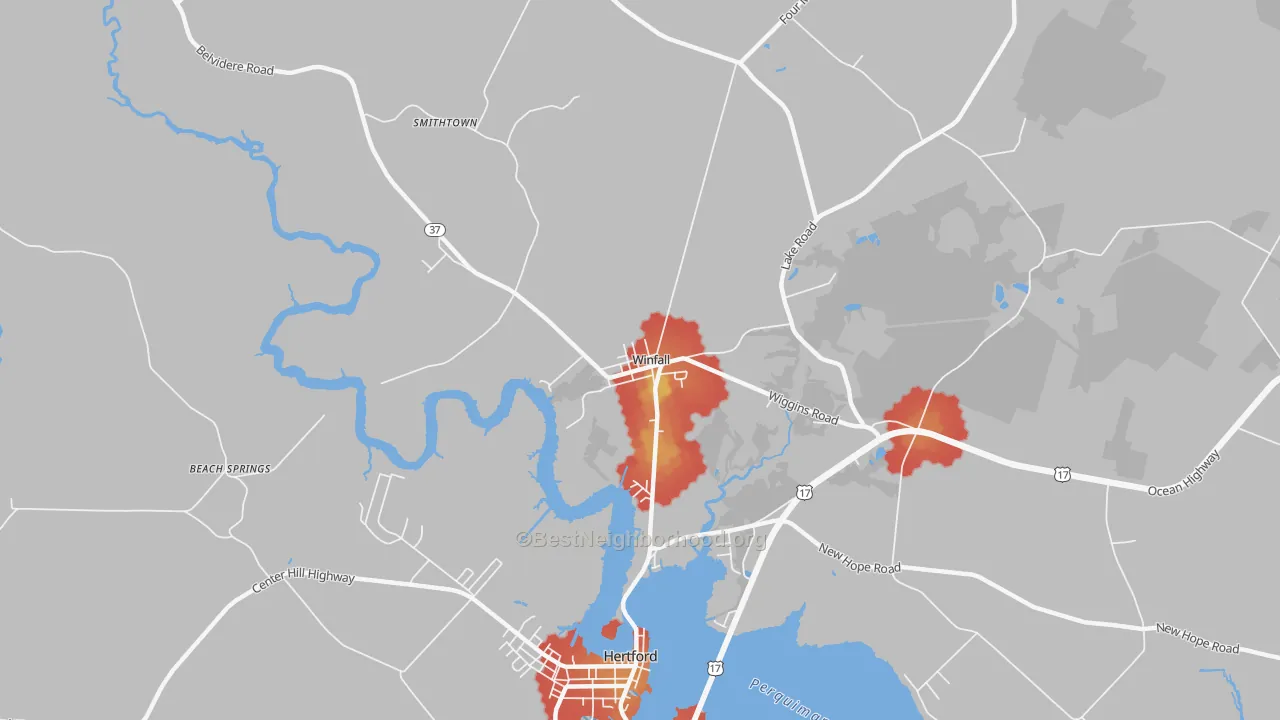 Walk Grade map of Winfall, NC, walkable areas in green and car-dependent areas in red