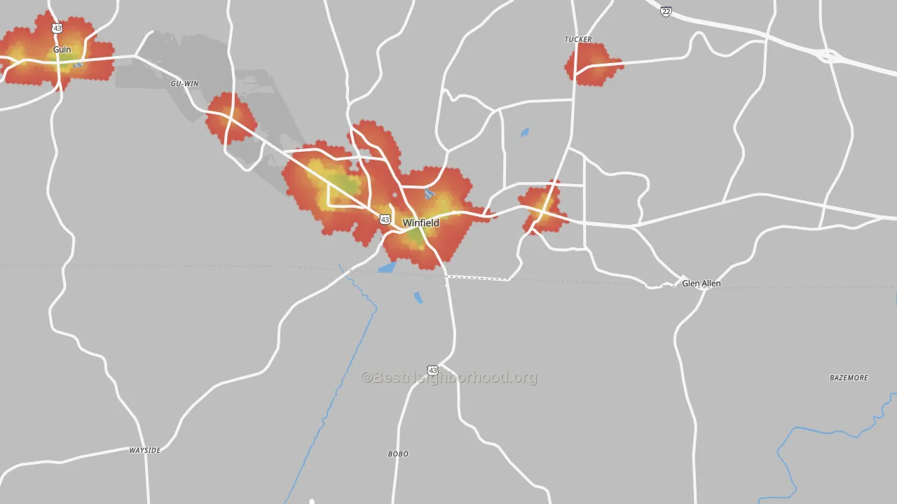Walk Grade map of Winfield, AL, walkable areas in green and car-dependent areas in red