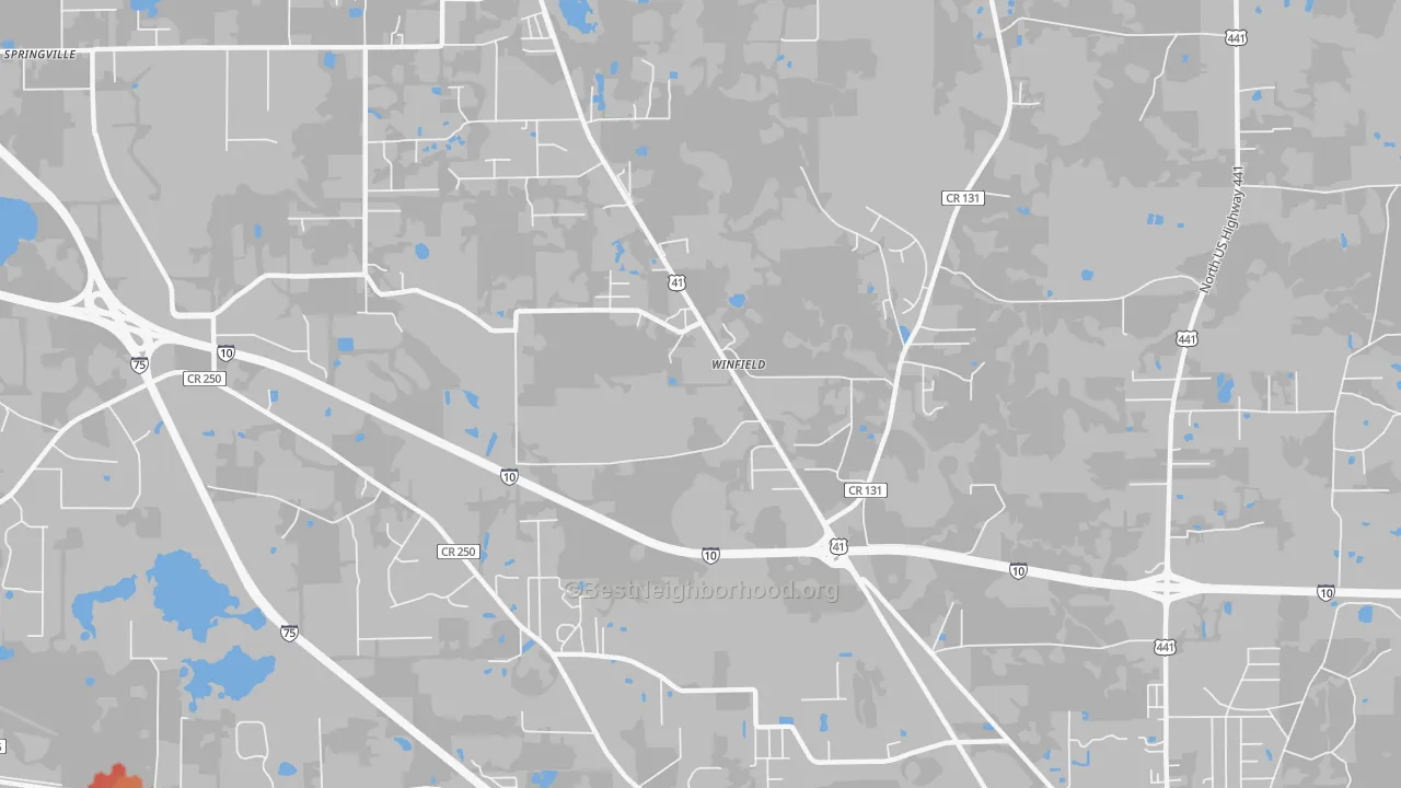 Walk Grade map of Winfield, FL, walkable areas in green and car-dependent areas in red