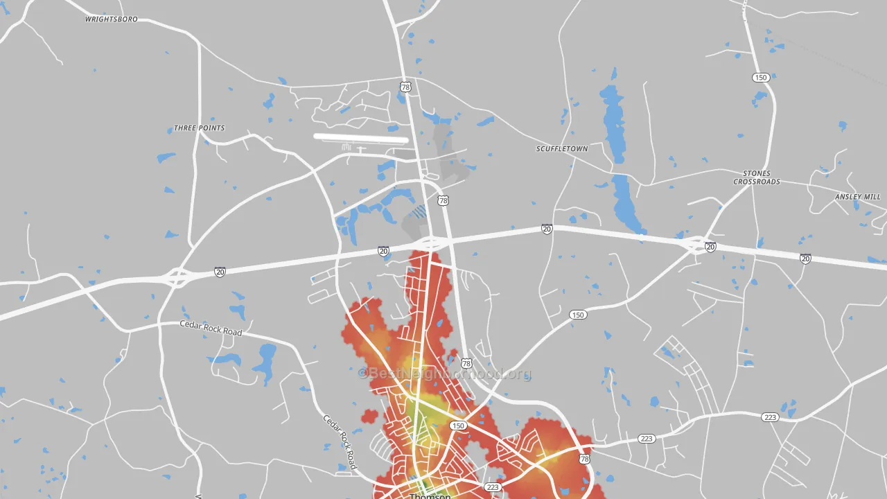 Walk Grade map of Winfield, GA, walkable areas in green and car-dependent areas in red