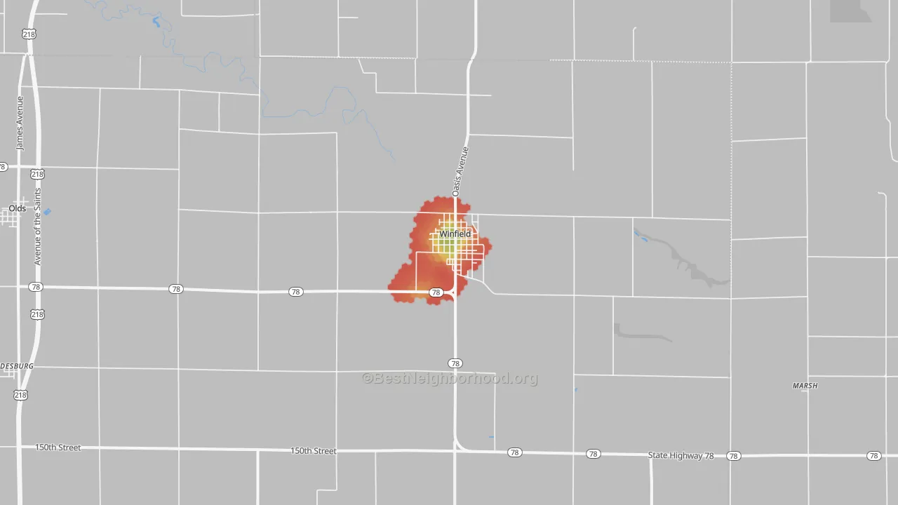 Walk Grade map of Winfield, IA, walkable areas in green and car-dependent areas in red