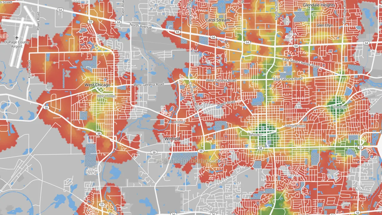 Walk Grade map of Winfield, IL, walkable areas in green and car-dependent areas in red