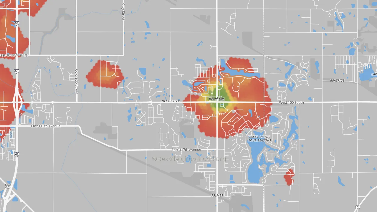 Walk Grade map of Winfield, IN, walkable areas in green and car-dependent areas in red