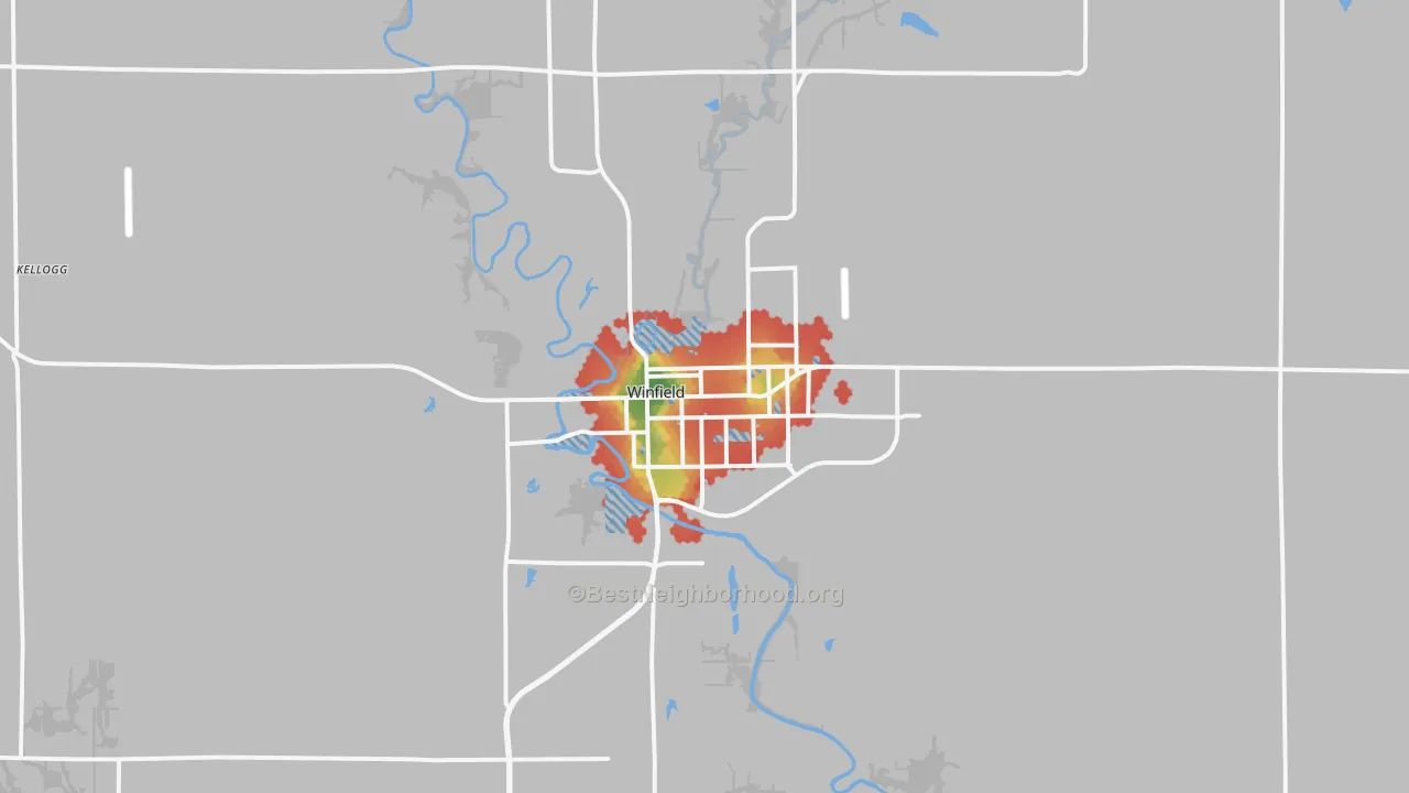 Walk Grade map of Winfield, KS, walkable areas in green and car-dependent areas in red