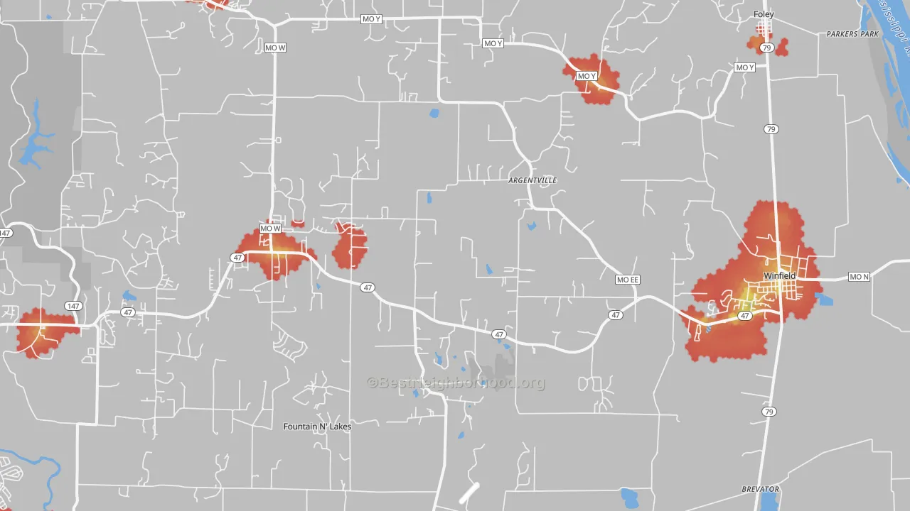 Walk Grade map of Winfield, MO, walkable areas in green and car-dependent areas in red