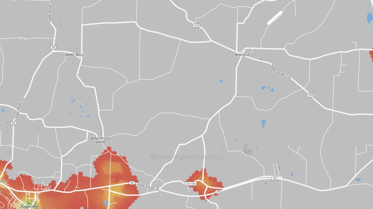 Walk Grade map of Winfield, OH, walkable areas in green and car-dependent areas in red