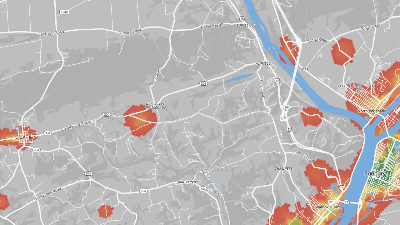 Walk Grade map of Winfield, PA, walkable areas in green and car-dependent areas in red
