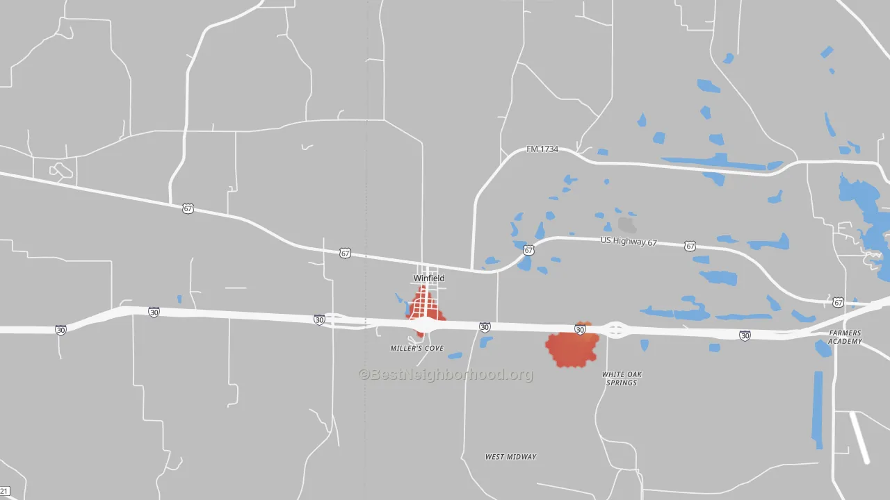 Walk Grade map of Winfield, TX, walkable areas in green and car-dependent areas in red