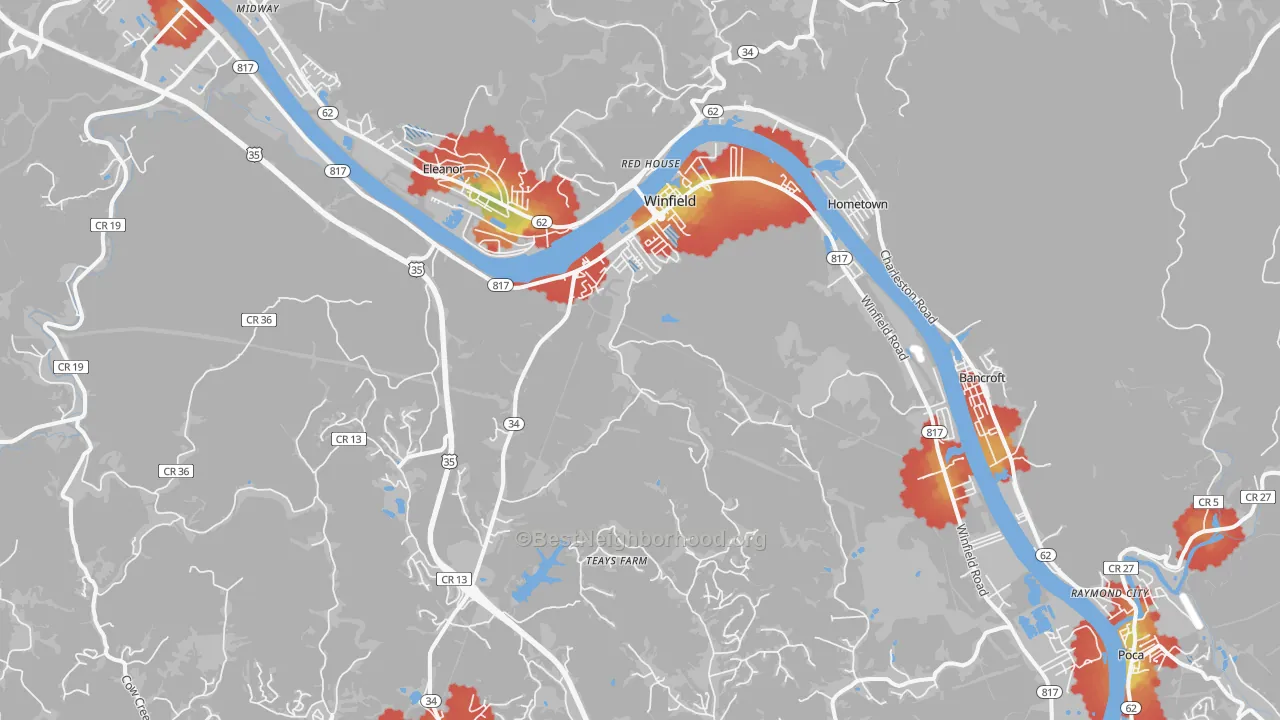 Walk Grade map of Winfield, WV, walkable areas in green and car-dependent areas in red