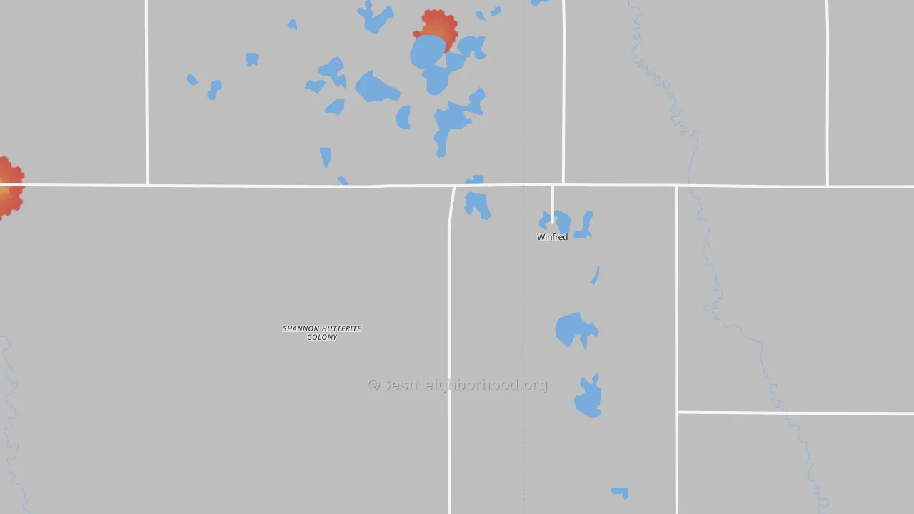Walk Grade map of Winfred, SD, walkable areas in green and car-dependent areas in red