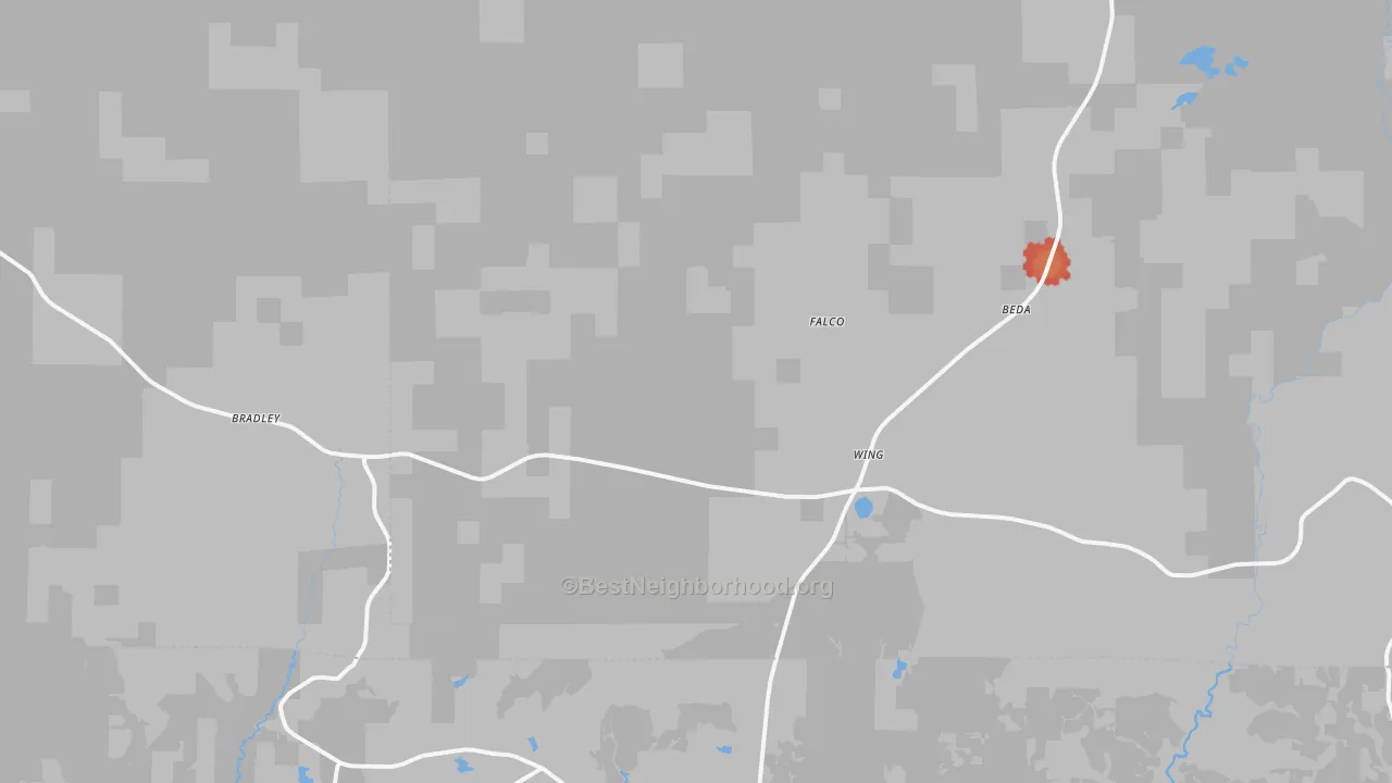 Walk Grade map of Wing, AL, walkable areas in green and car-dependent areas in red