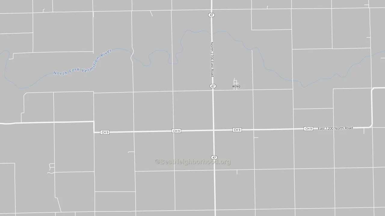 Walk Grade map of Wing, IL, walkable areas in green and car-dependent areas in red