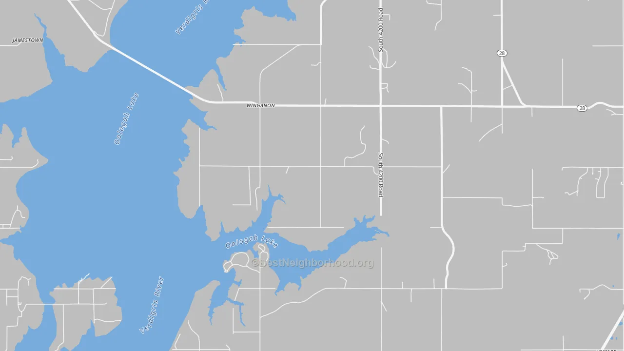 Walk Grade map of Winganon, OK, walkable areas in green and car-dependent areas in red