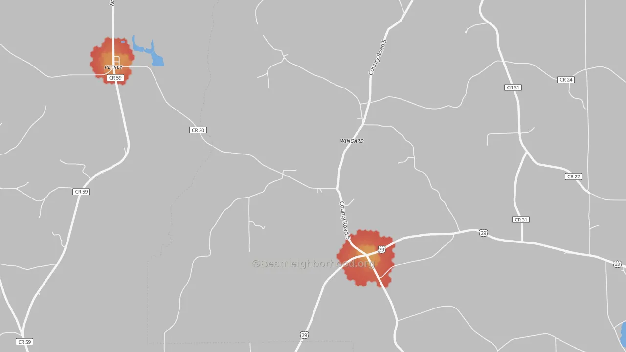 Walk Grade map of Wingard, AL, walkable areas in green and car-dependent areas in red