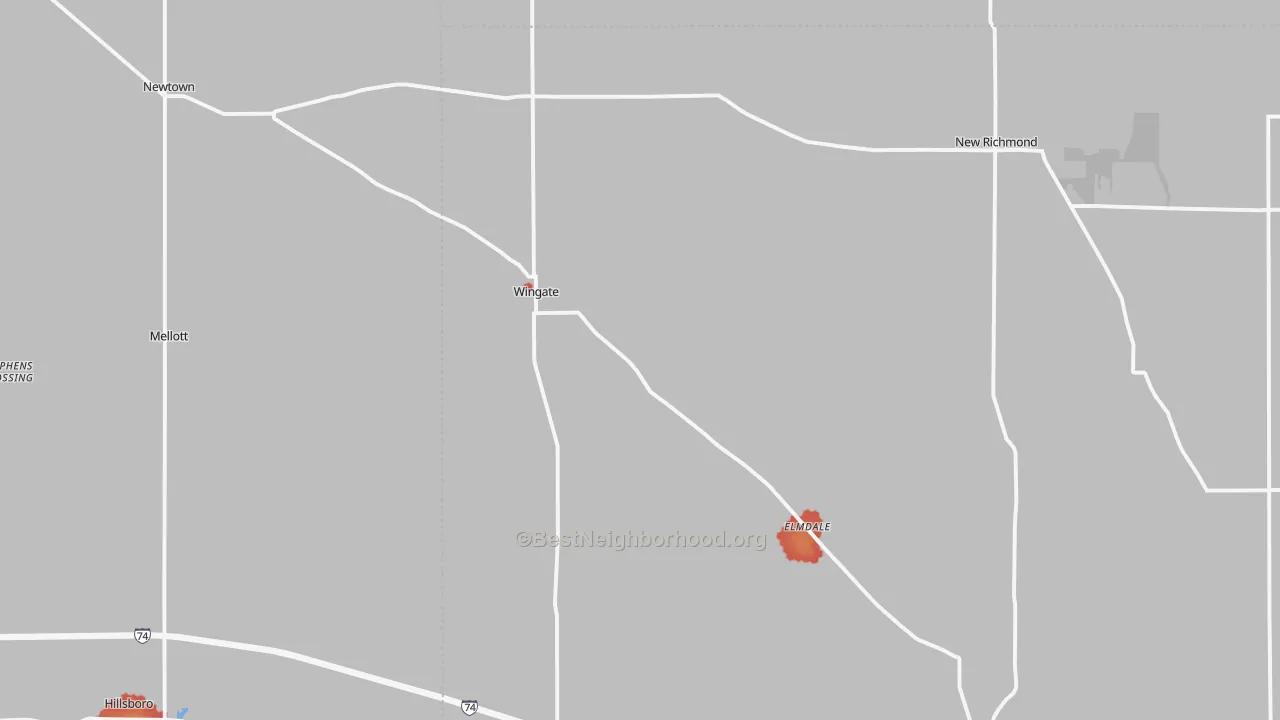 Walk Grade map of Wingate, IN, walkable areas in green and car-dependent areas in red