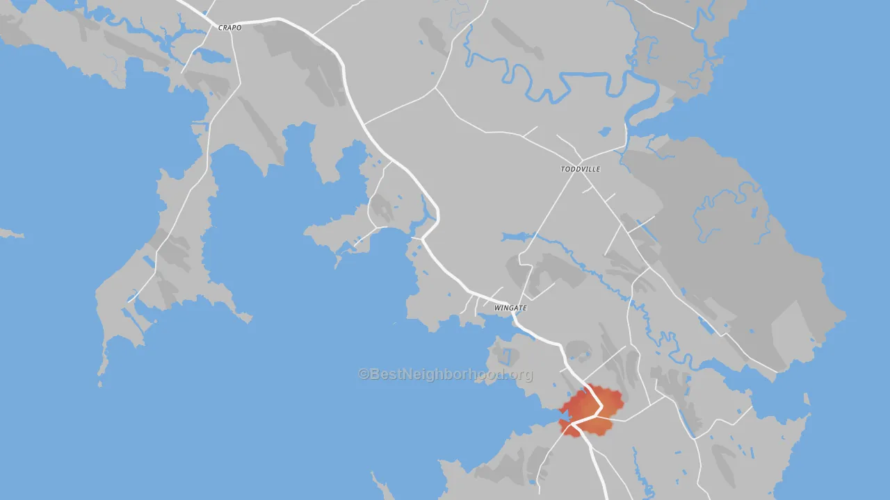 Walk Grade map of Wingate, MD, walkable areas in green and car-dependent areas in red