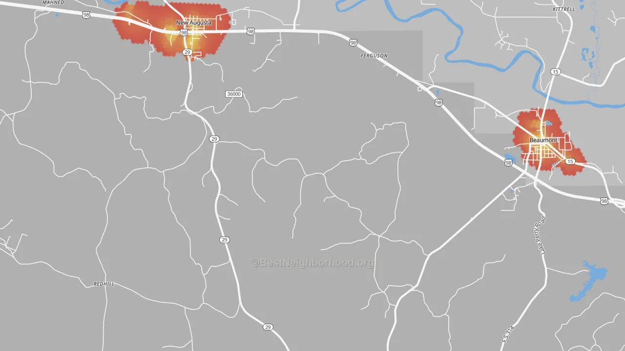 Walk Grade map of Wingate, MS, walkable areas in green and car-dependent areas in red