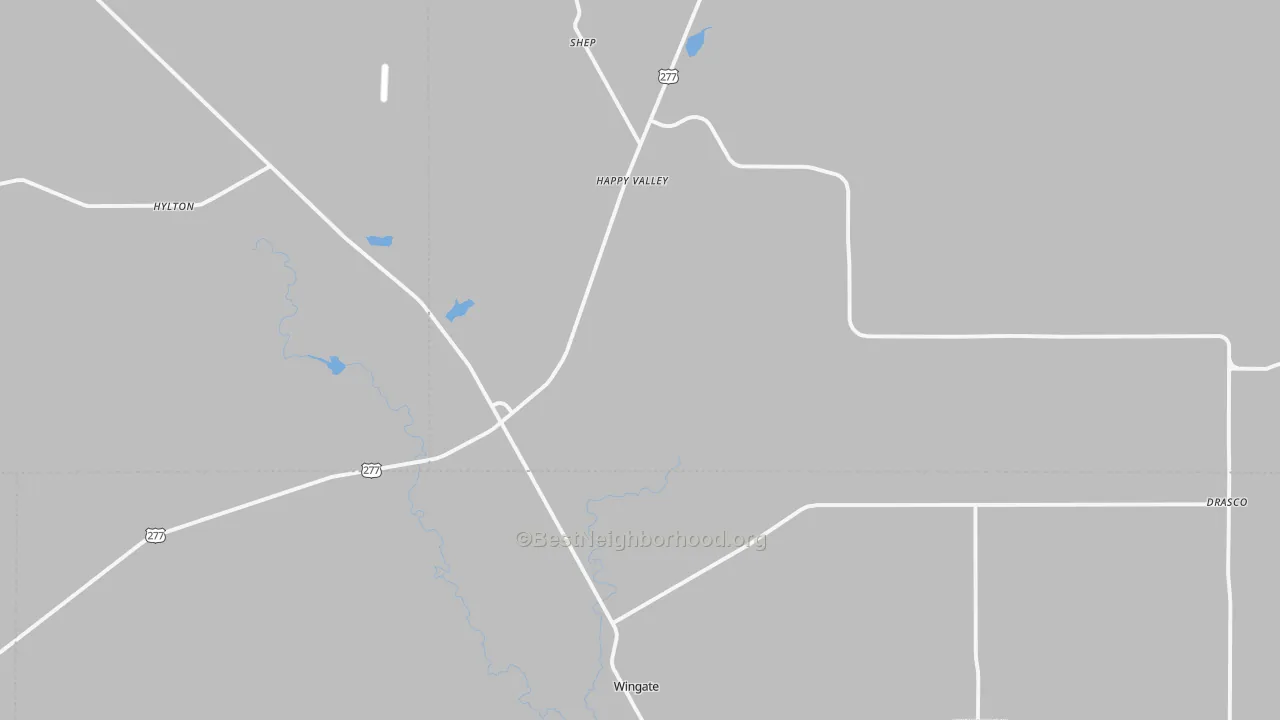 Walk Grade map of Wingate, TX, walkable areas in green and car-dependent areas in red