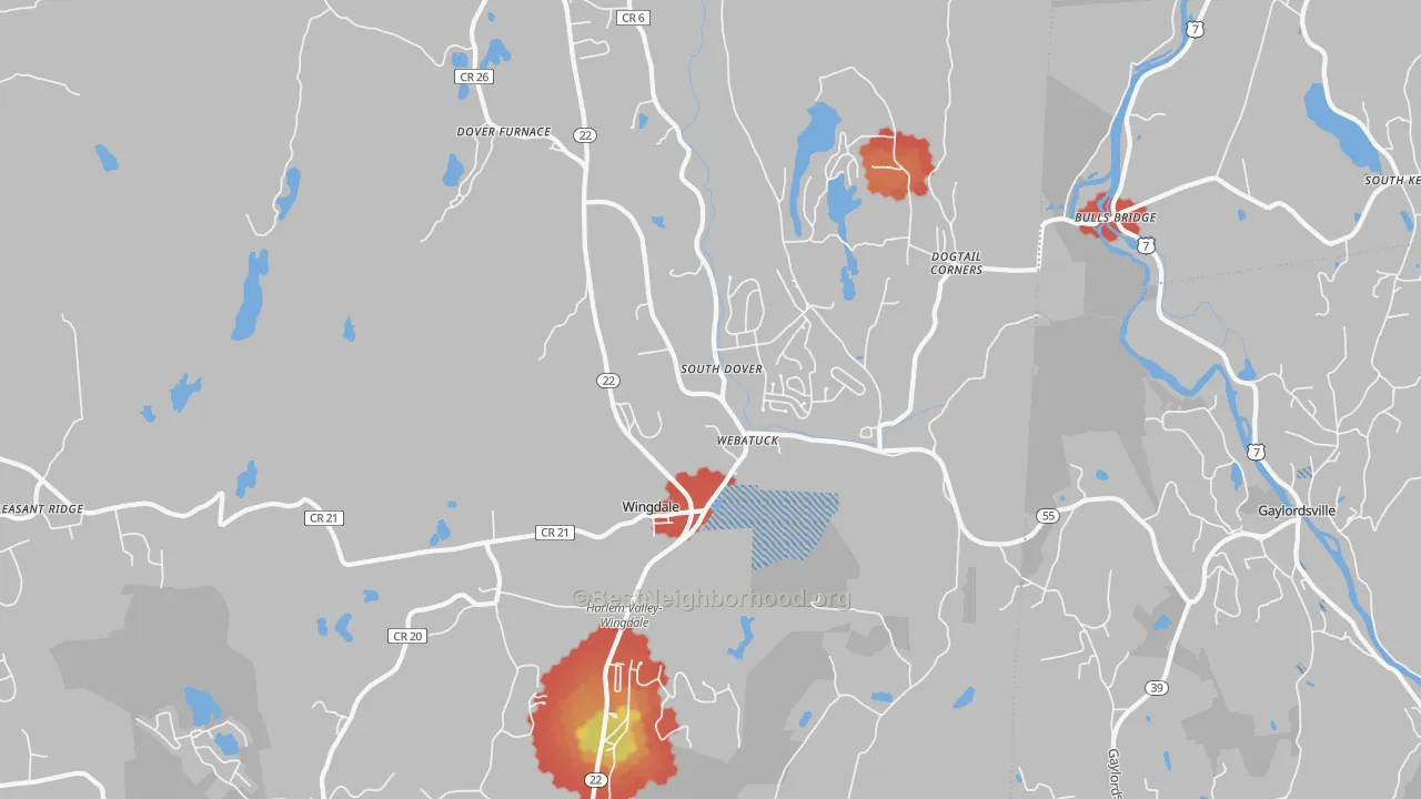 Walk Grade map of Wingdale, NY, walkable areas in green and car-dependent areas in red