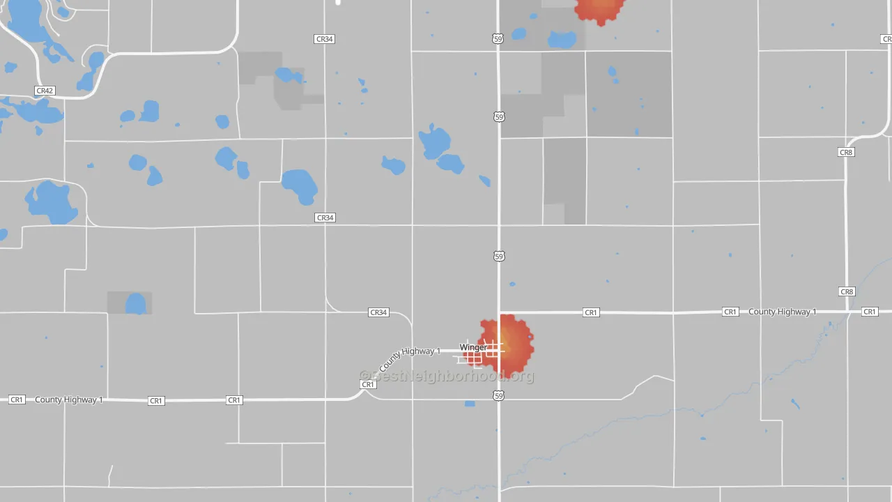 Walk Grade map of Winger, MN, walkable areas in green and car-dependent areas in red