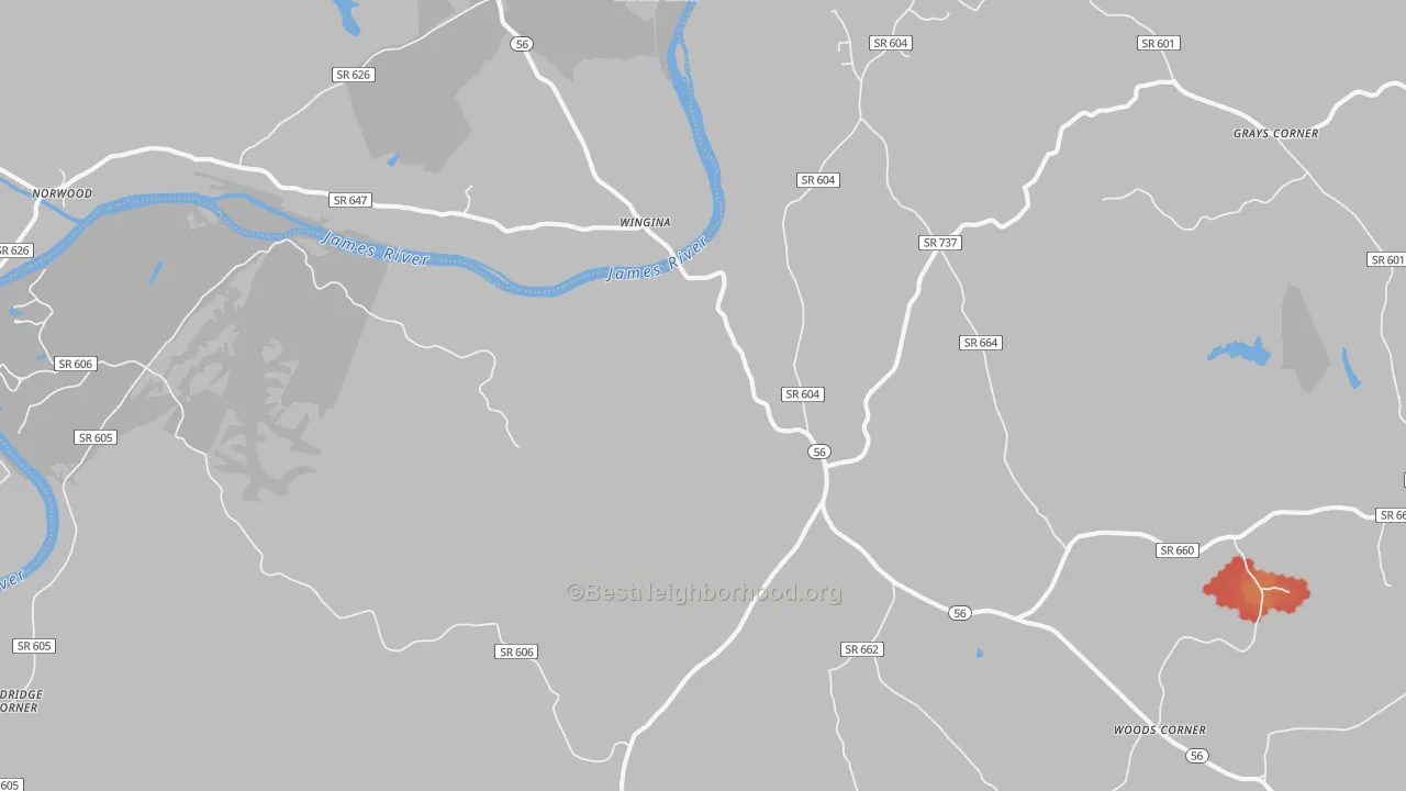 Walk Grade map of Wingina, VA, walkable areas in green and car-dependent areas in red