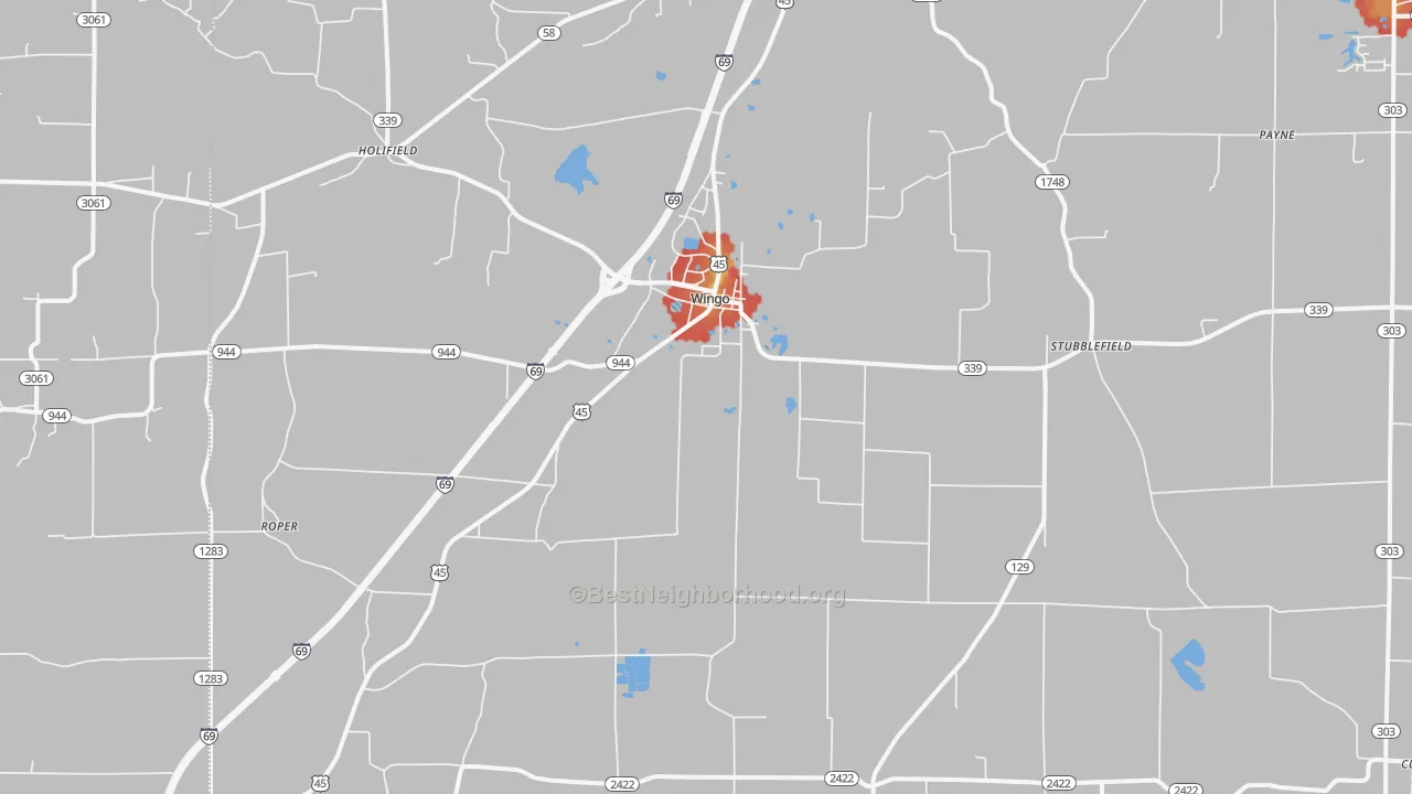 Walk Grade map of Wingo, KY, walkable areas in green and car-dependent areas in red