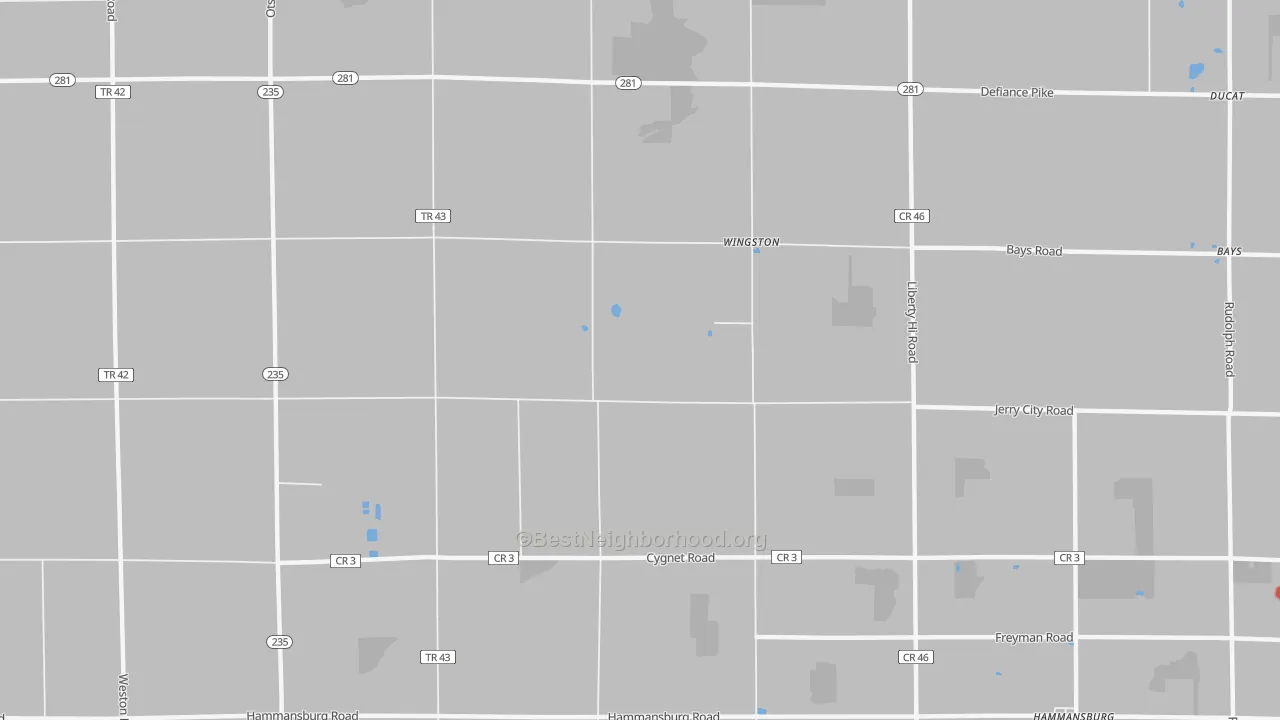 Walk Grade map of Wingston, OH, walkable areas in green and car-dependent areas in red