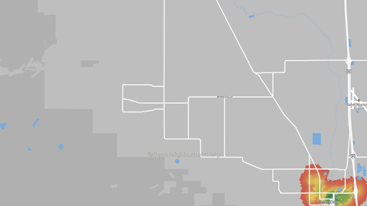 Walk Grade map of Wingville, OR, walkable areas in green and car-dependent areas in red