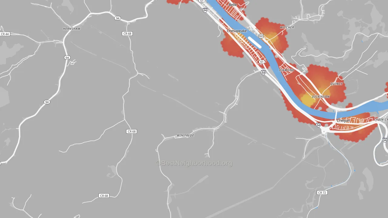 Walk Grade map of Winifrede, WV, walkable areas in green and car-dependent areas in red