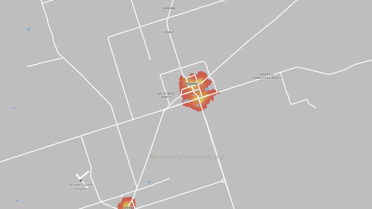 Walk Grade map of Winkler County, TX, walkable areas in green and car-dependent areas in red