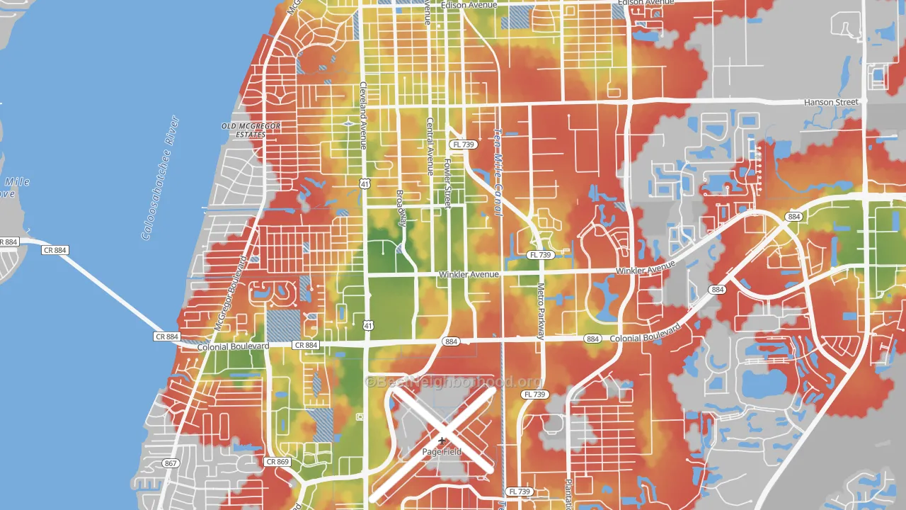 Walk Grade map of Winkler Safe Neighborhood, Fort Myers, FL, walkable areas in green and car-dependent areas in red