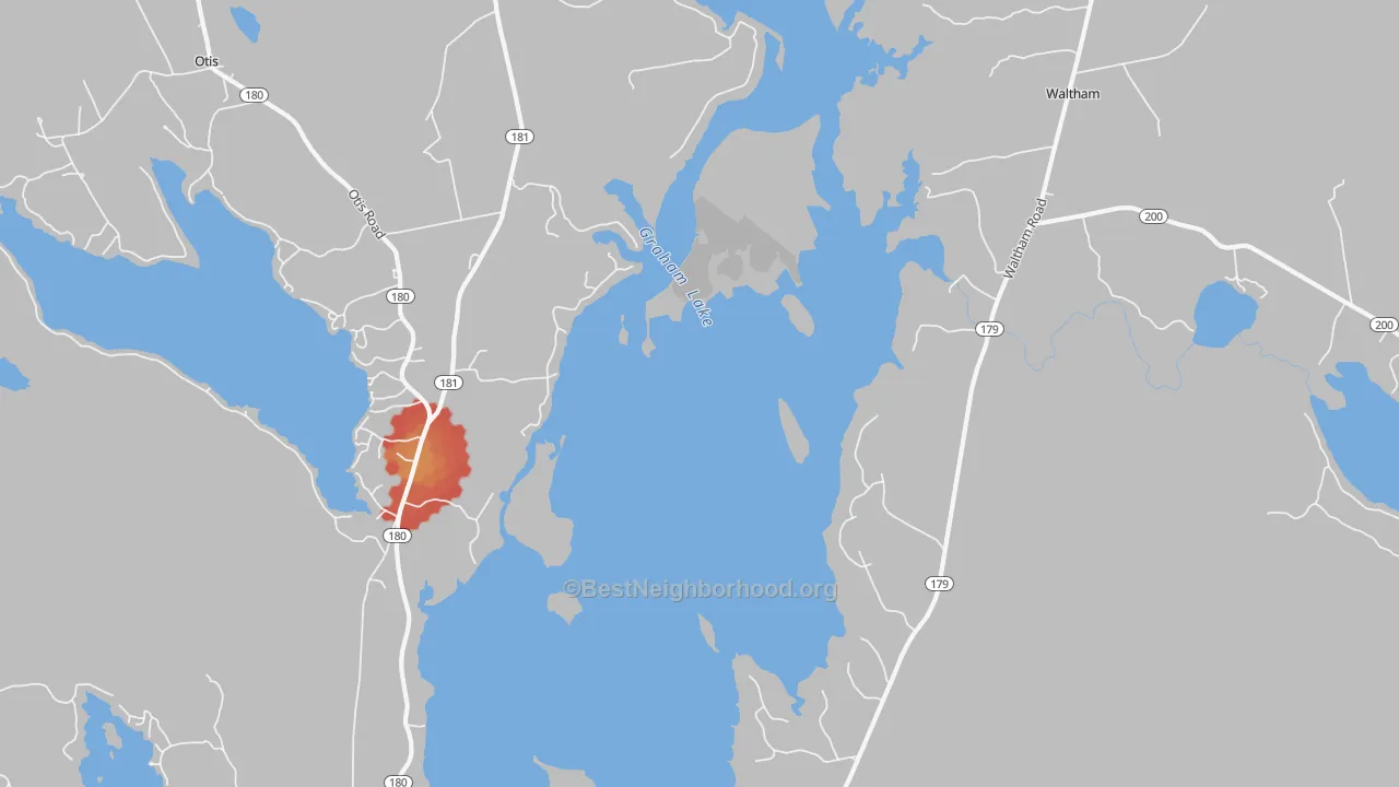 Walk Grade map of Winkumpaugh Corners, ME, walkable areas in green and car-dependent areas in red
