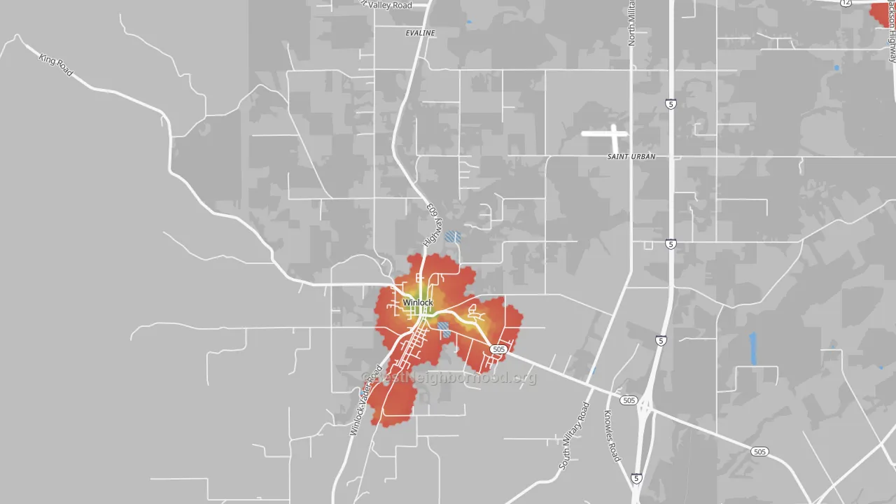 Walk Grade map of Winlock, WA, walkable areas in green and car-dependent areas in red