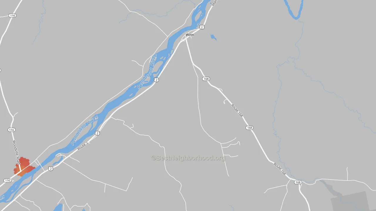 Walk Grade map of Winn, ME, walkable areas in green and car-dependent areas in red