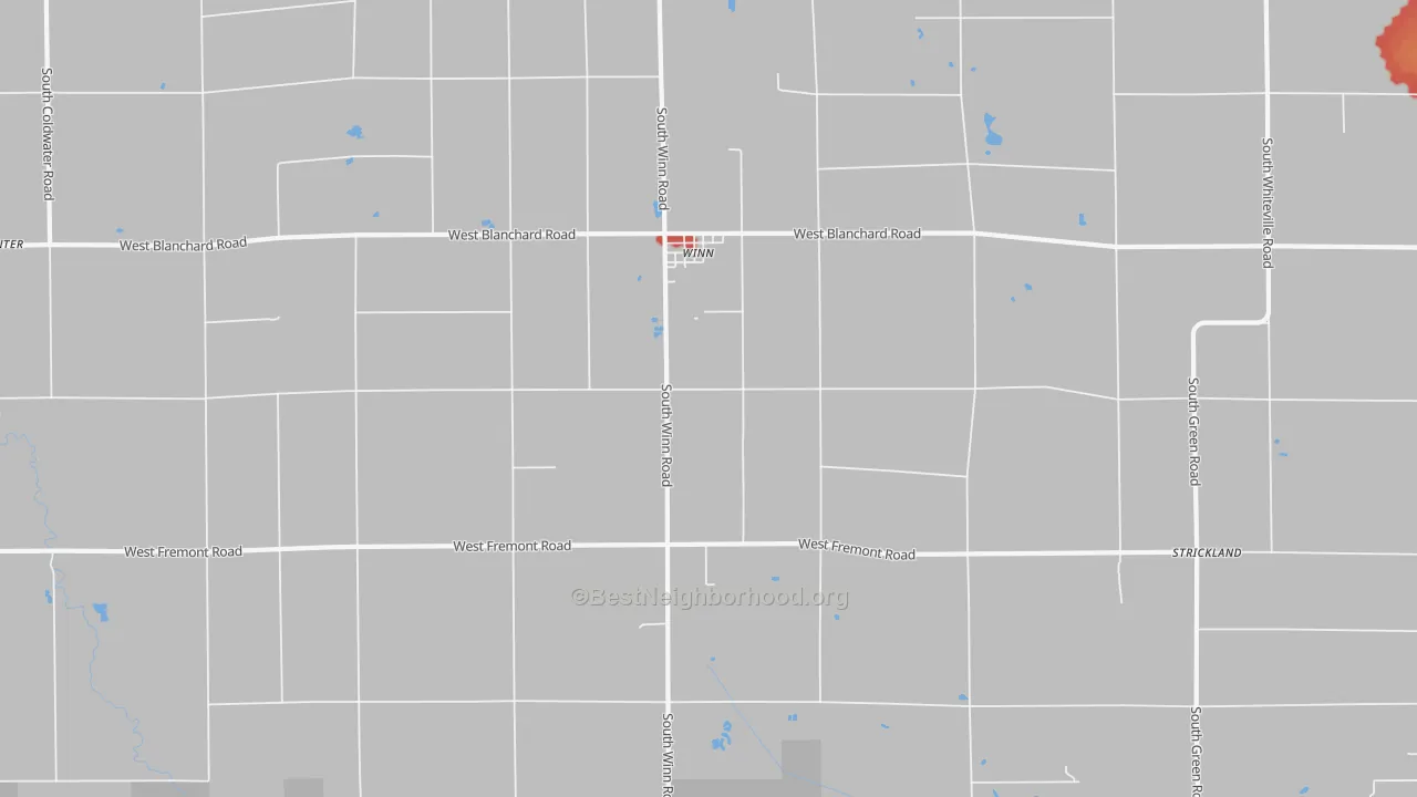 Walk Grade map of Winn, MI, walkable areas in green and car-dependent areas in red