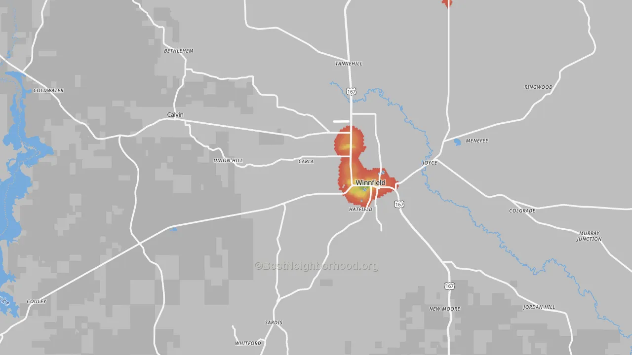 Walk Grade map of Winn Parish, LA, walkable areas in green and car-dependent areas in red