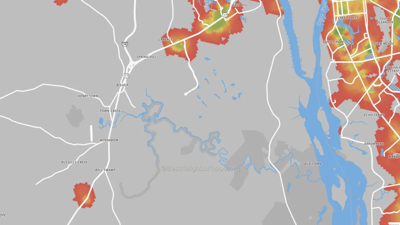 Walk Grade map of Winnabow, NC, walkable areas in green and car-dependent areas in red