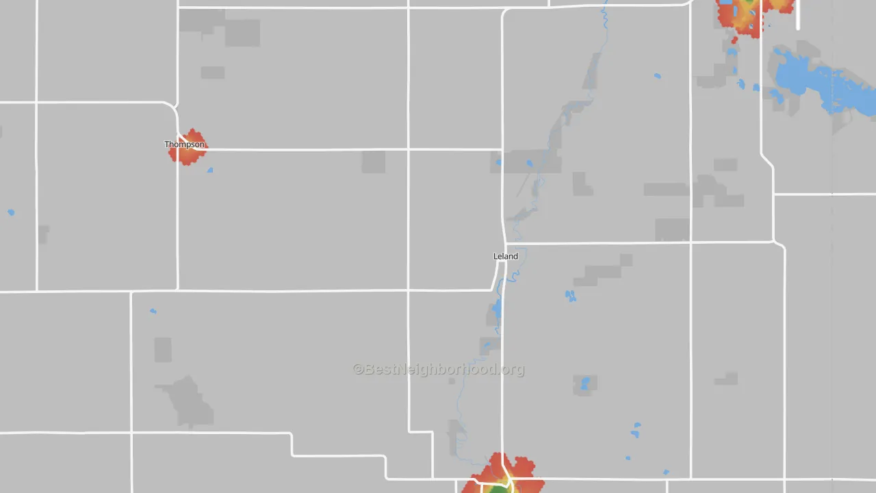 Walk Grade map of Winnebago County, IA, walkable areas in green and car-dependent areas in red