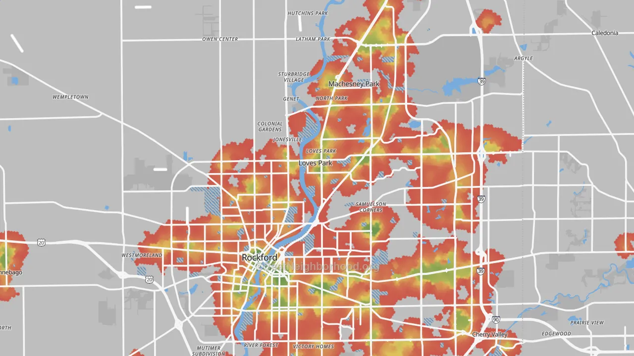 Walk Grade map of Winnebago County, IL, walkable areas in green and car-dependent areas in red