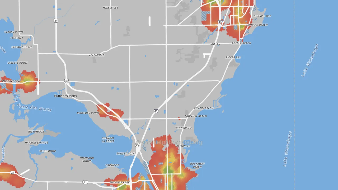 Walk Grade map of Winnebago County, WI, walkable areas in green and car-dependent areas in red