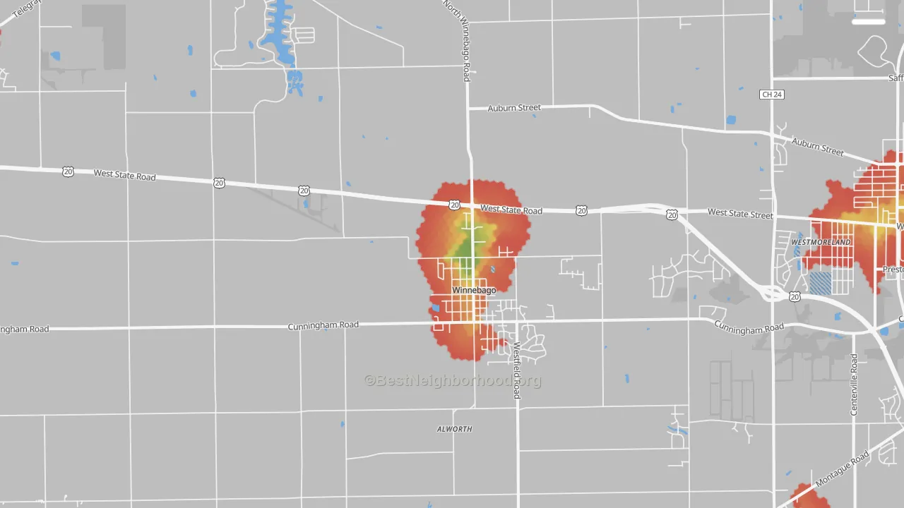 Walk Grade map of Winnebago, IL, walkable areas in green and car-dependent areas in red