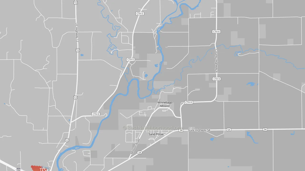 Walk Grade map of Winnebago Mission, WI, walkable areas in green and car-dependent areas in red