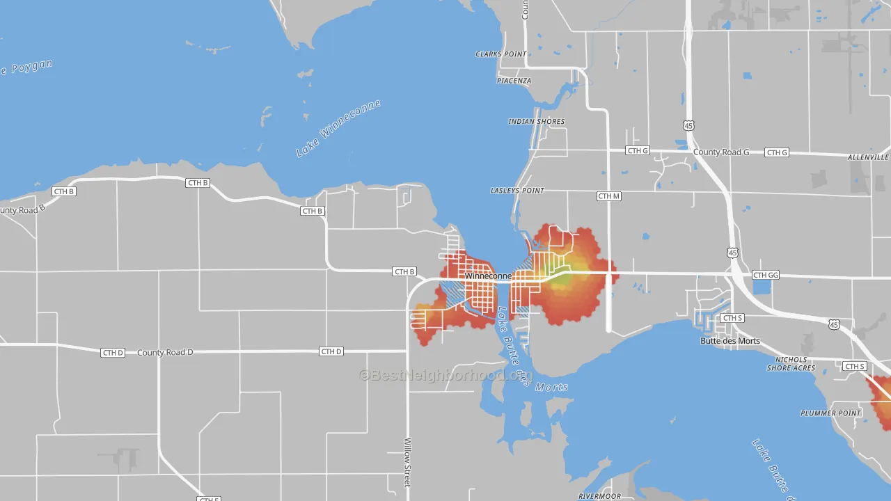 Walk Grade map of Winneconne, WI, walkable areas in green and car-dependent areas in red